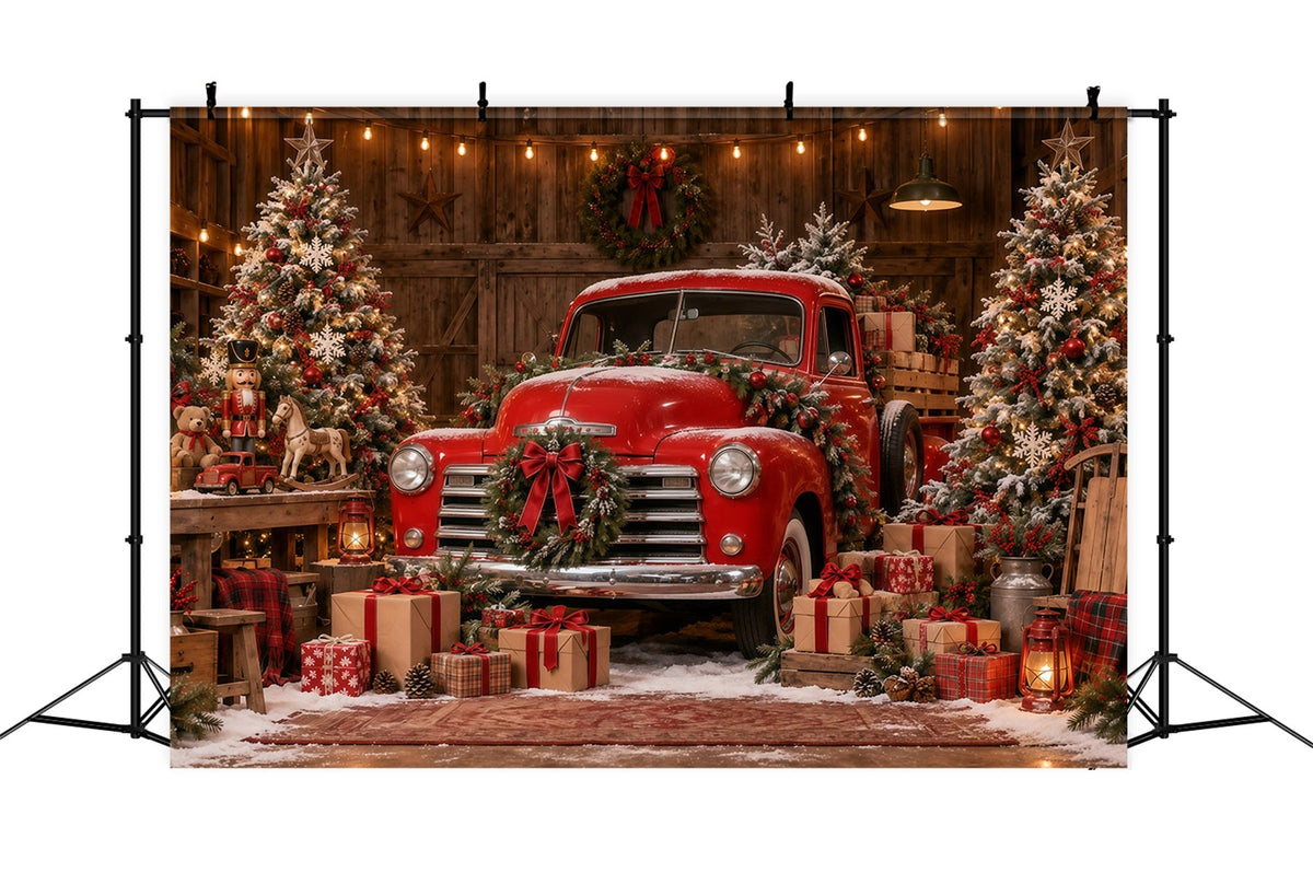 Weihnachtlicher Fotohintergrund Vintage-Roter Truck Werkstatt Frohe Weihnachten GQ610-124