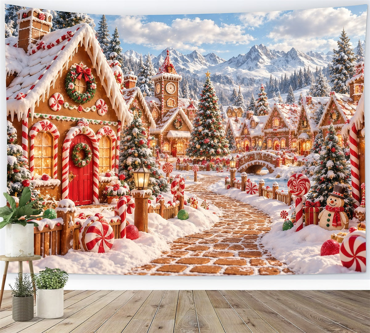 Weihnachtlicher Lebkuchen-Hintergrund Verschneites Süßigkeiten-Dorf GQ610-125