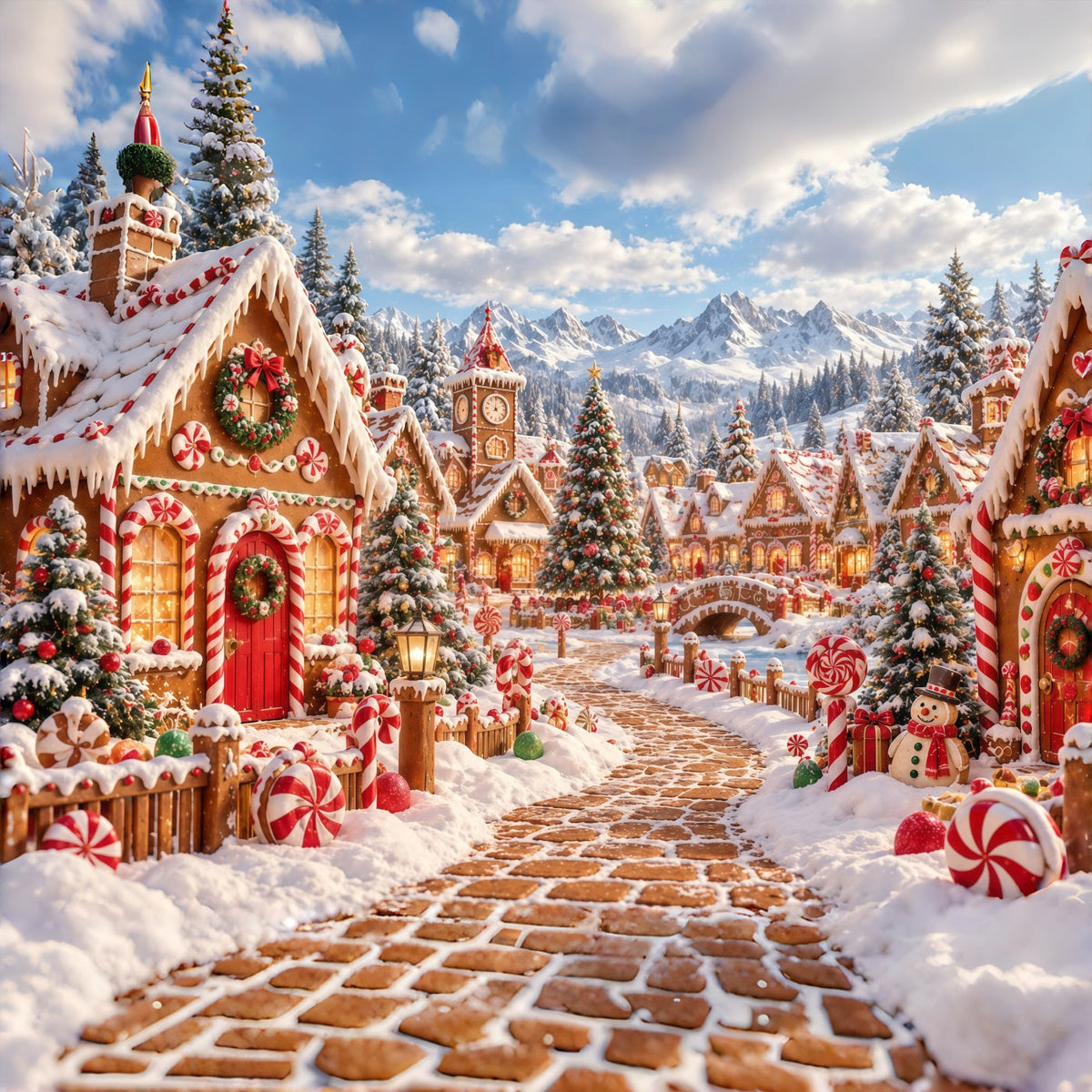 Weihnachtlicher Lebkuchen-Hintergrund Verschneites Süßigkeiten-Dorf GQ610-125
