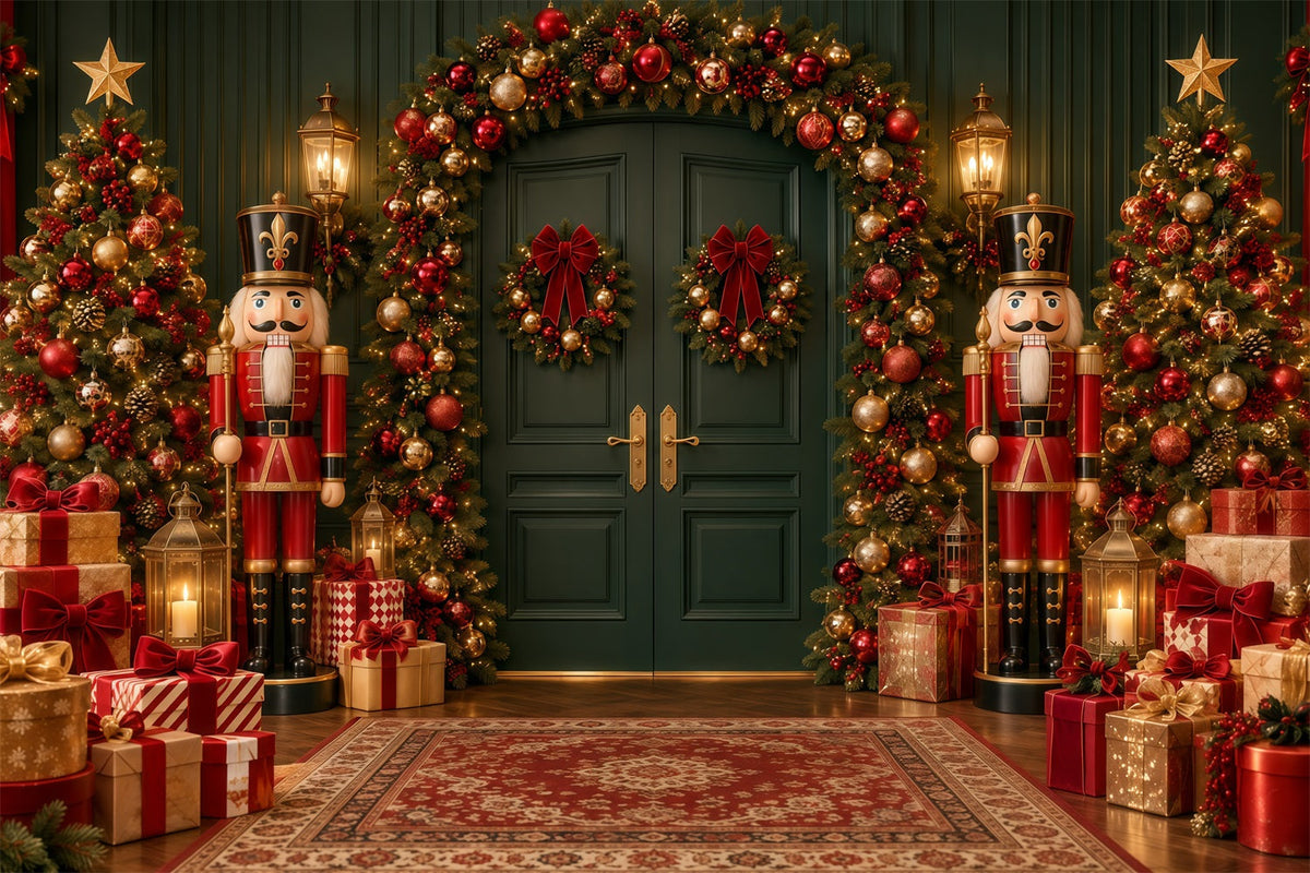 Weihnachtlicher Hintergrund Schleifenkranz Smaragdgrüner Türbogen Nussknacker GQ610-126