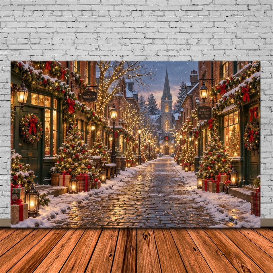 Weihnachtsdorf-Hintergrund Festliche Verschneite Kopfsteinpflasterstraße GQ610-129