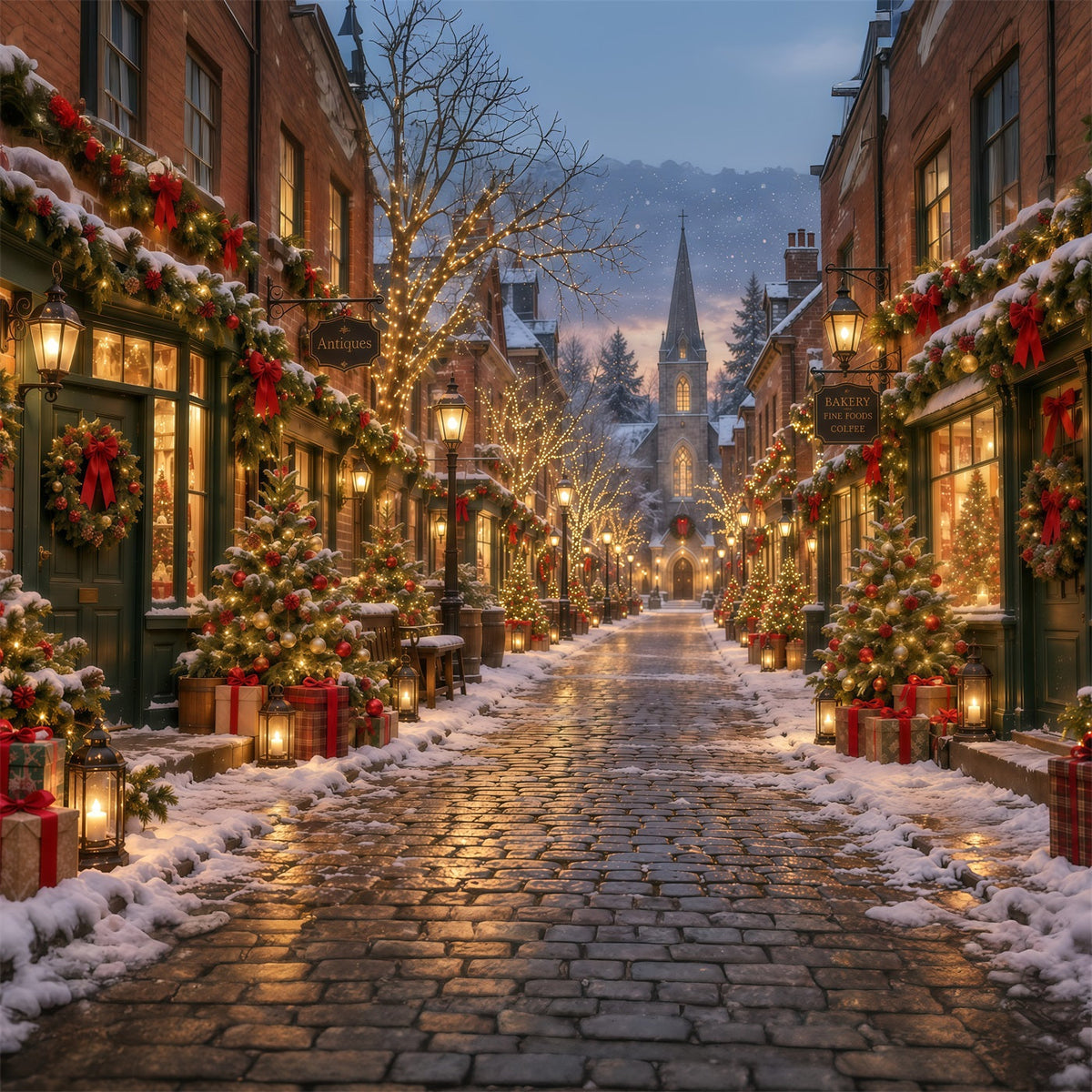 Weihnachtsdorf-Hintergrund Festliche Verschneite Kopfsteinpflasterstraße GQ610-129