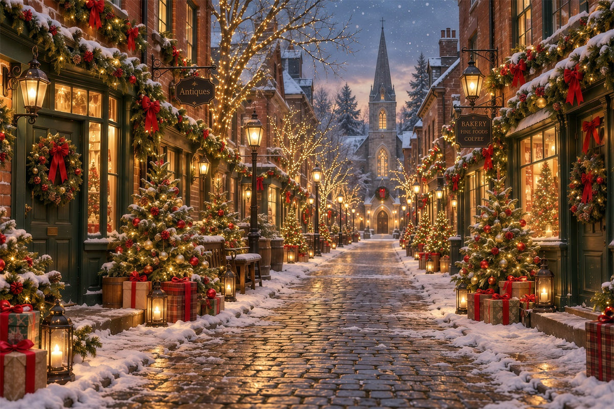Weihnachtsdorf-Hintergrund Festliche Verschneite Kopfsteinpflasterstraße GQ610-129