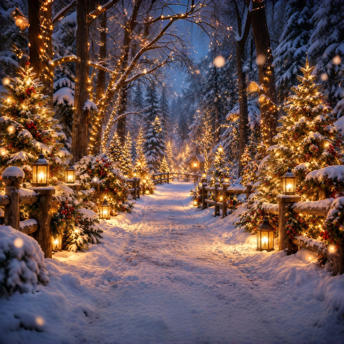 Weihnachtsbaumfarm-Fotohintergrund Leuchtende Laternen Verschneiter Wald GQ610-130