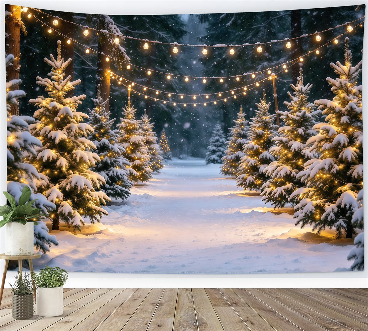 Weihnachtsbaumfarm Hintergrund Verschneiter Kiefernweg Lichterketten GQ610-16