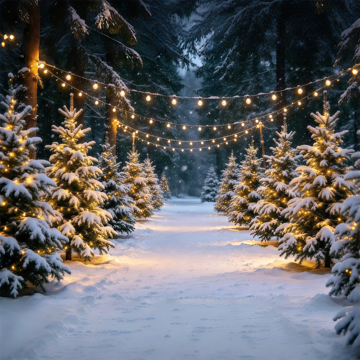 Weihnachtsbaumfarm Hintergrund Verschneiter Kiefernweg Lichterketten GQ610-16