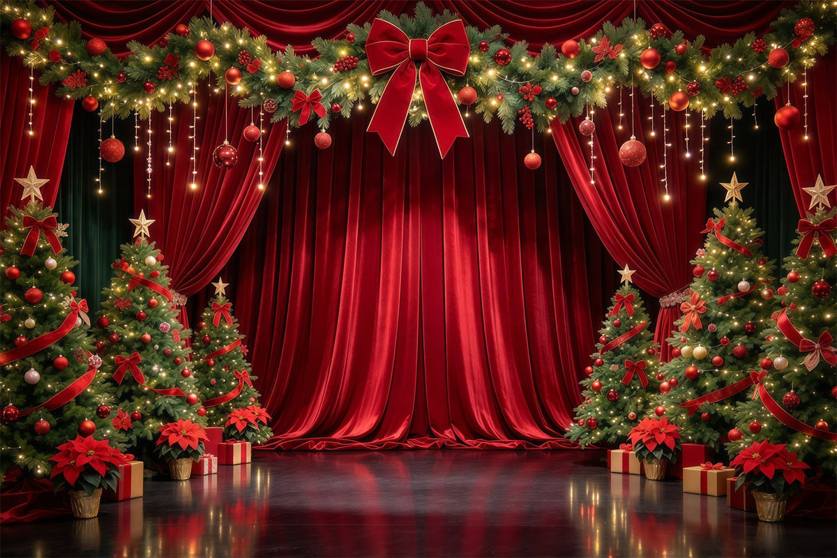 Weihnachtlicher Bühnenhintergrund Karmesinroter Samt Immergrüne Dekoration GQ610-19