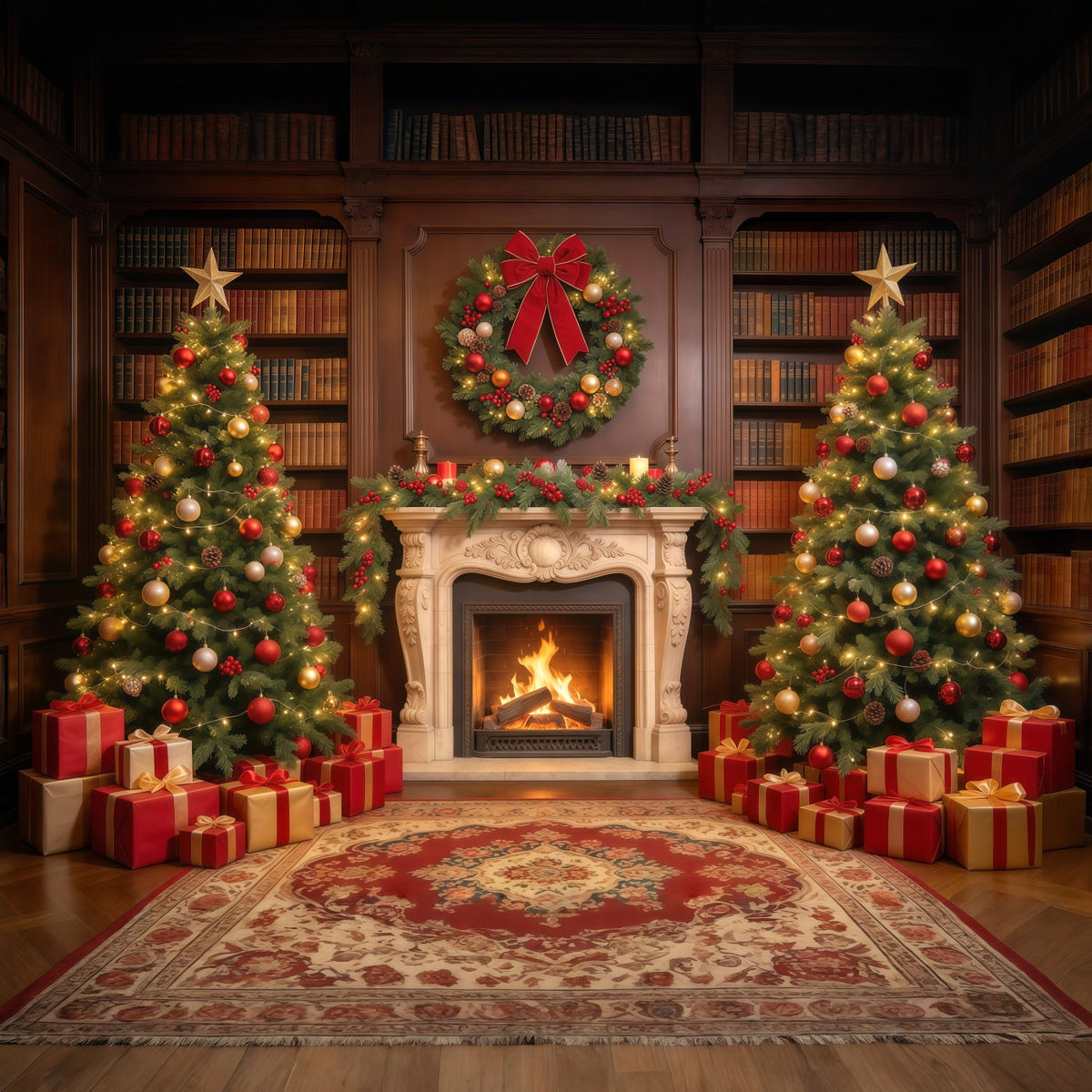 Weihnachtlicher Fotohintergrund Verzierte Bibliothek Dekoration Kamin GQ610-21