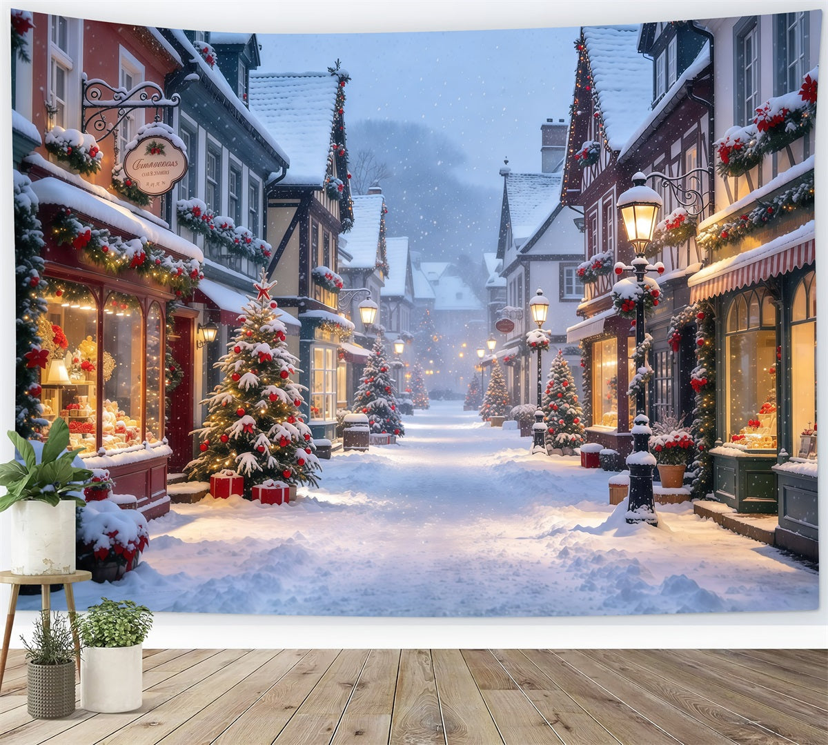 Weihnachtsdorf Hintergrund Verschneite Europäische Winterstraße GQ610-23