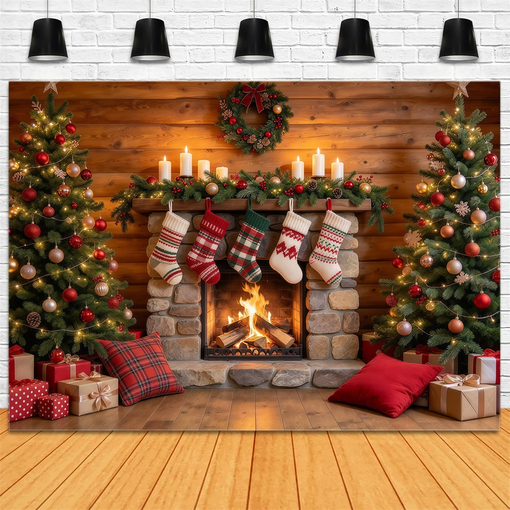 Weihnachtskamin Hintergrund Rustikaler Steinkamin Weihnachtssocken GQ610-24