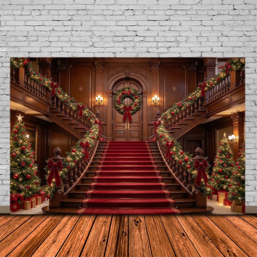 Weihnachtlicher Szenenhintergrund Girlandengeschmückte Große Holztreppe GQ610-25