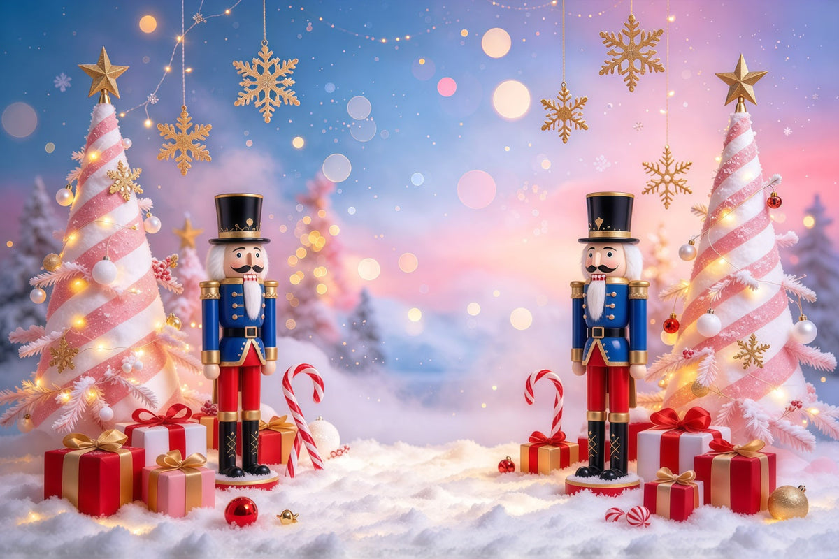 Weihnachtlicher Hintergrund Rosa Weihnachtsbaum Schneeflocken Bokeh Nussknacker GQ610-26