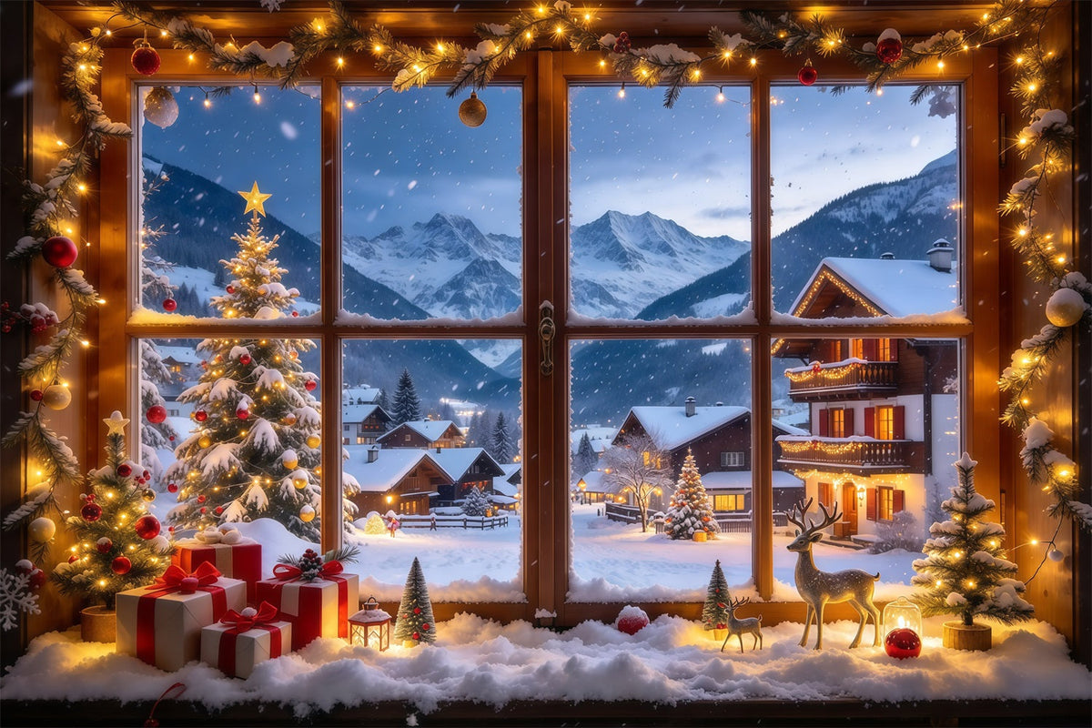 Winterlicher Weihnachtshintergrund Verschneites Alpen Dorf Fenster GQ610-27