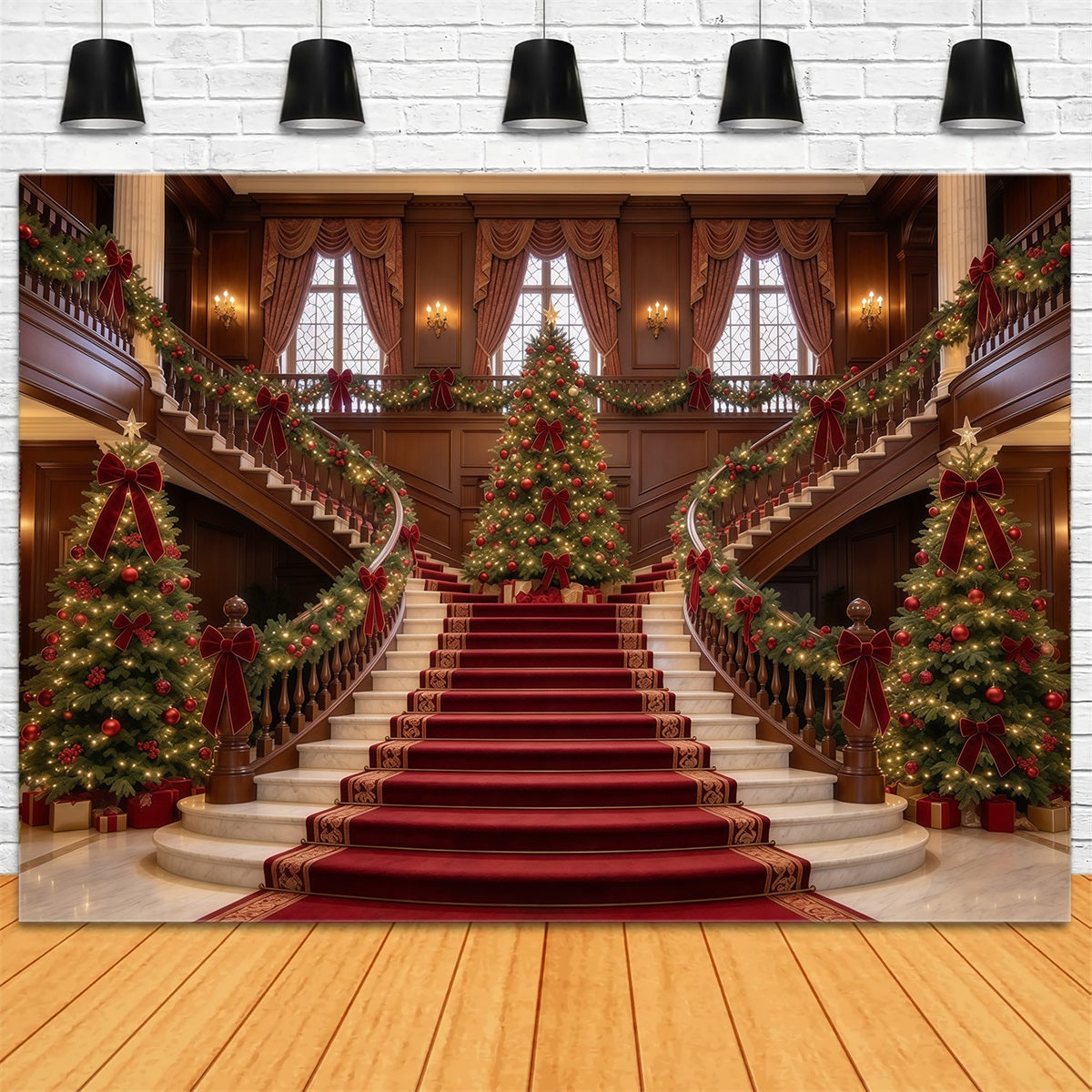 Weihnachtlicher Wohnzimmer Hintergrund Marmortreppe Immergrüne Eleganz GQ610-28