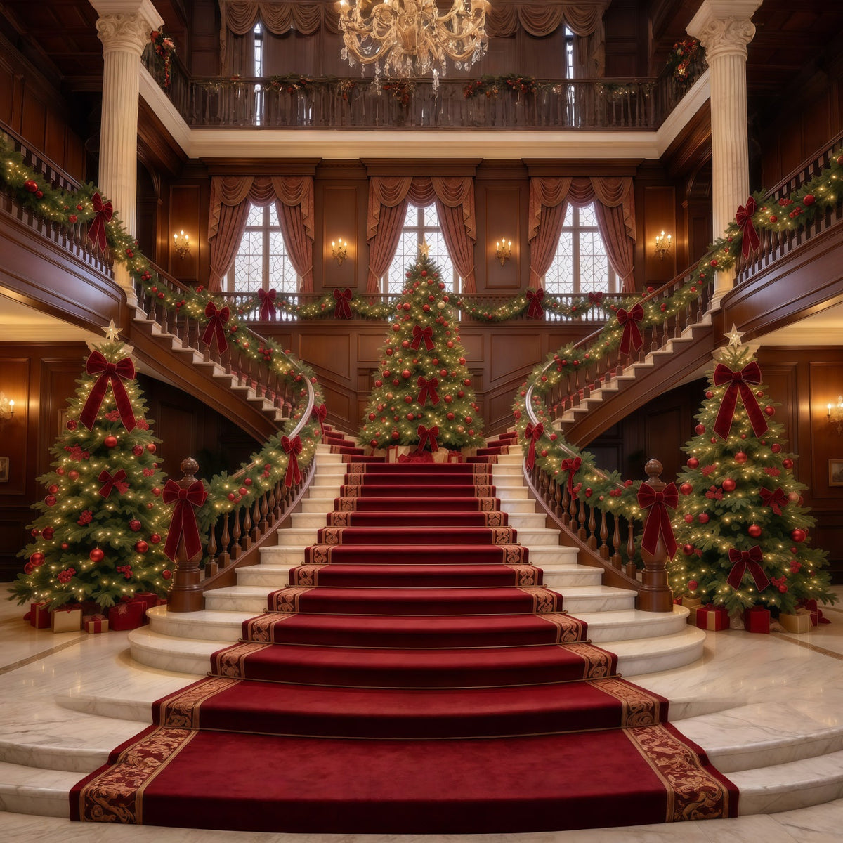 Weihnachtlicher Wohnzimmer Hintergrund Marmortreppe Immergrüne Eleganz GQ610-28
