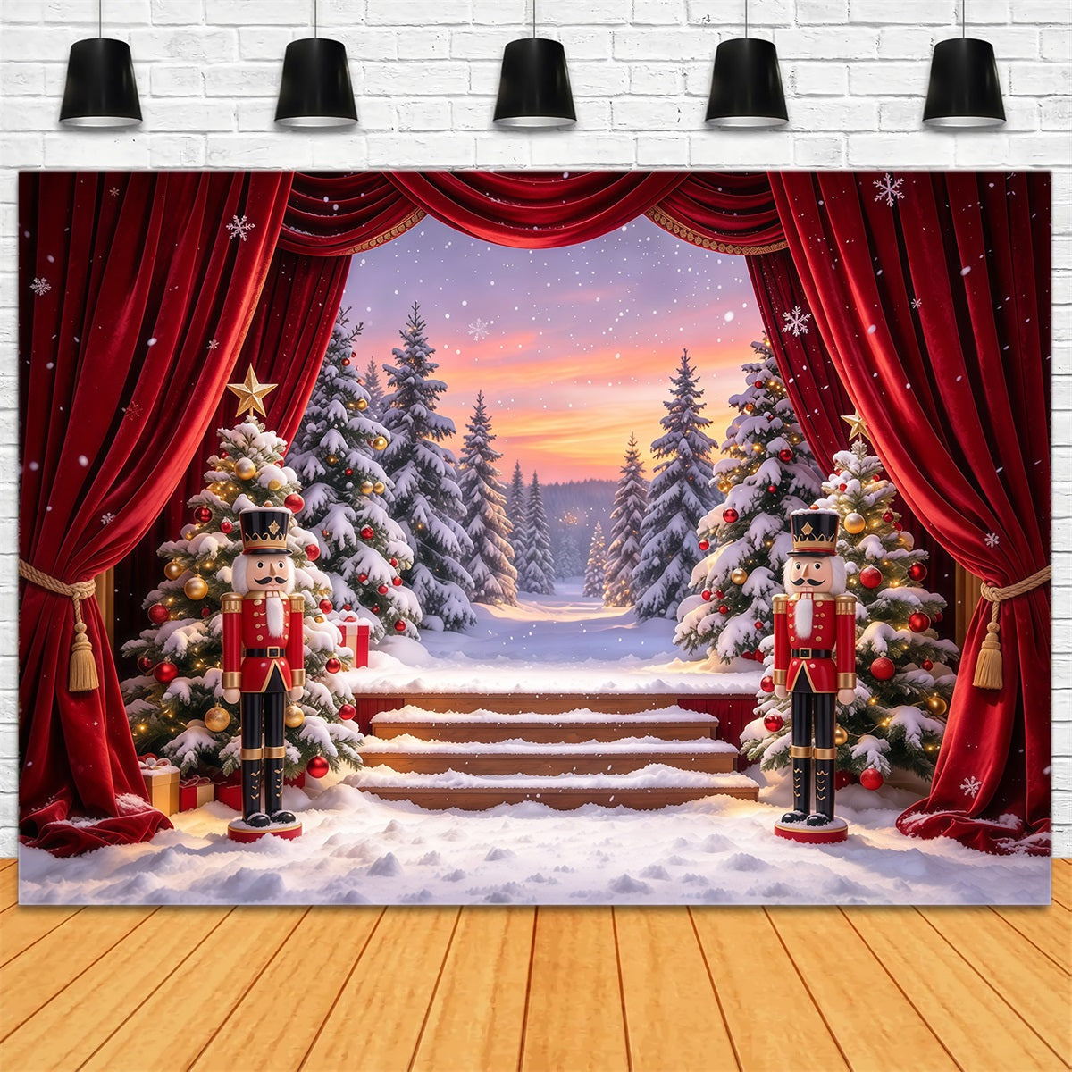 Weihnachtlicher Themenhintergrund Verschneiter Wald Bühnenvorhang Nussknacker GQ610-29