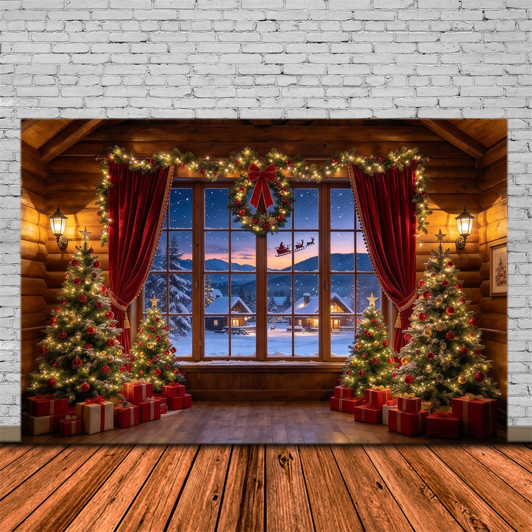 Santa Hintergrund Rustikale Hütte Schlitten Fenster GQ610-3