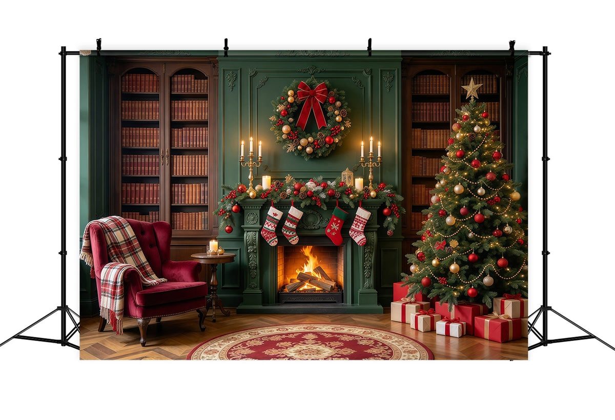 Weihnachtskamin Hintergrund Vintage Smaragdgrüne Bibliothek Weihnachtssocken GQ610-30