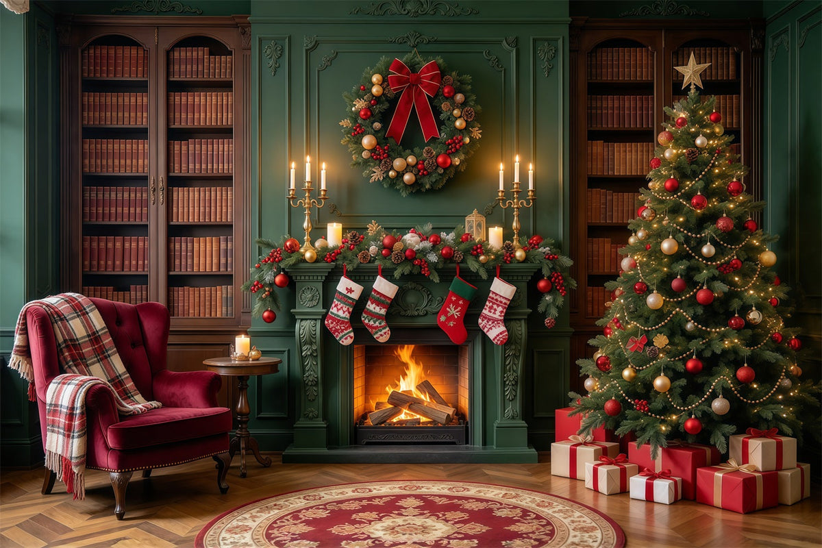 Weihnachtskamin Hintergrund Vintage Smaragdgrüne Bibliothek Weihnachtssocken GQ610-30