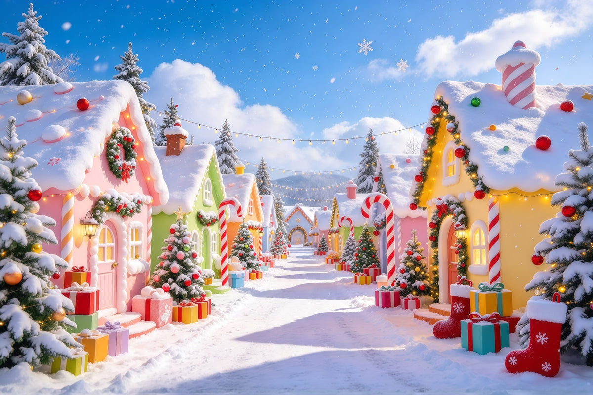 Weihnachtsdorf Hintergrund Pastellfarbenes Süßigkeitenhäuschen Schnee GQ610-31