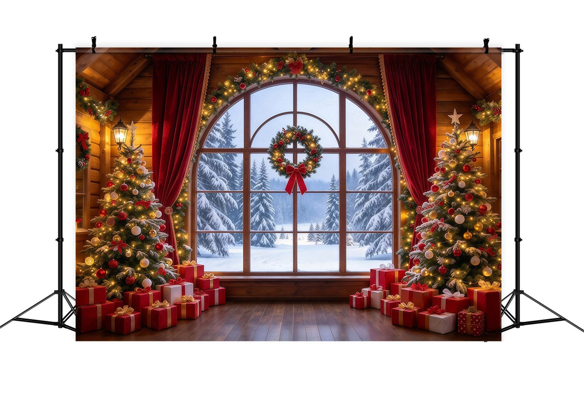 Weihnachtlicher Hintergrund Karmesinroter Vorhang Winterfenster GQ610-35