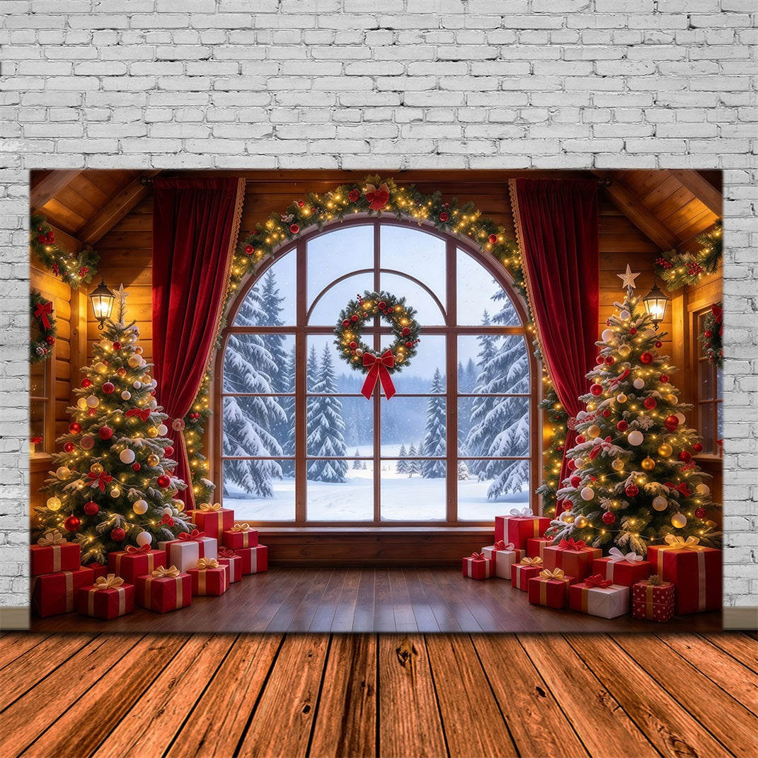 Weihnachtlicher Hintergrund Karmesinroter Vorhang Winterfenster GQ610-35