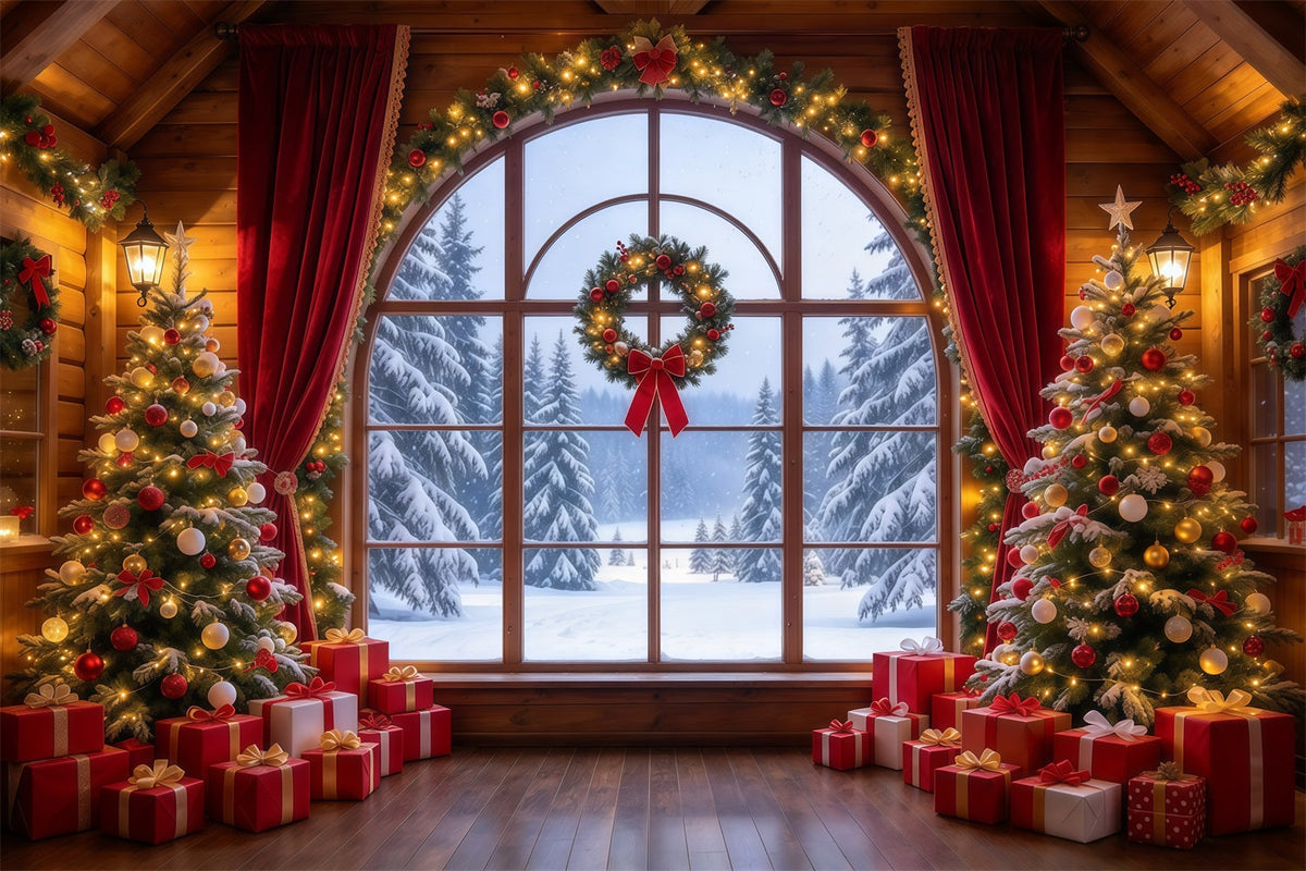 Weihnachtlicher Hintergrund Karmesinroter Vorhang Winterfenster GQ610-35