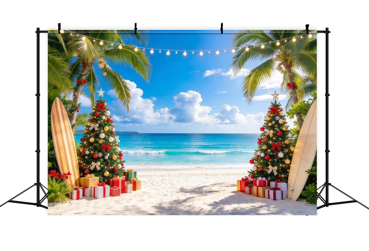 Tropischer Weihnachtshintergrund Palme Surfbrett Strand GQ610-37
