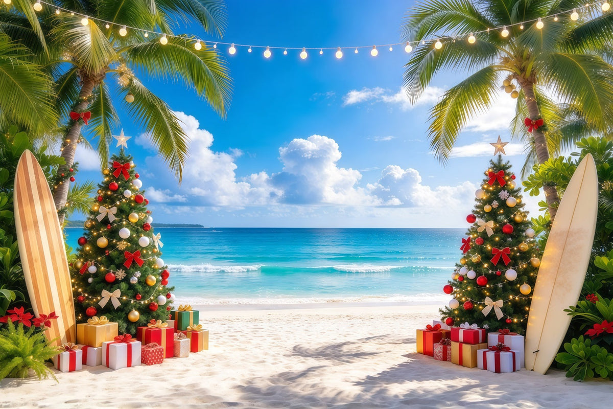 Tropischer Weihnachtshintergrund Palme Surfbrett Strand GQ610-37