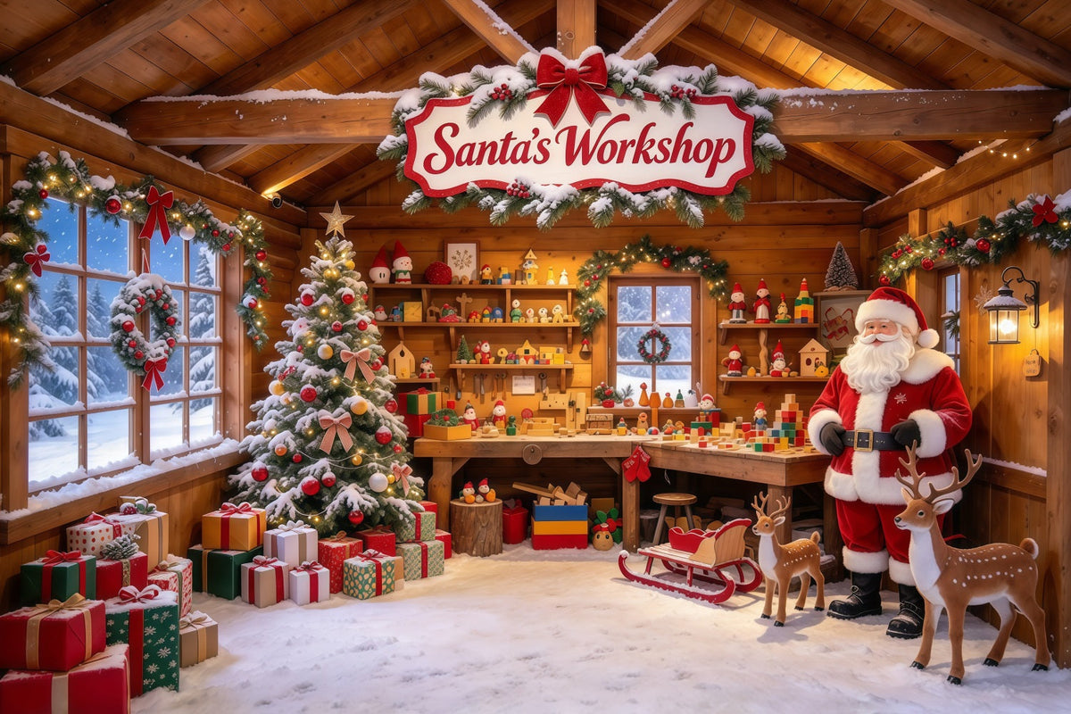 Weihnachtlicher Werkstatthintergrund Rustikale Spielzeugmacherhütte Innenraum GQ610-39