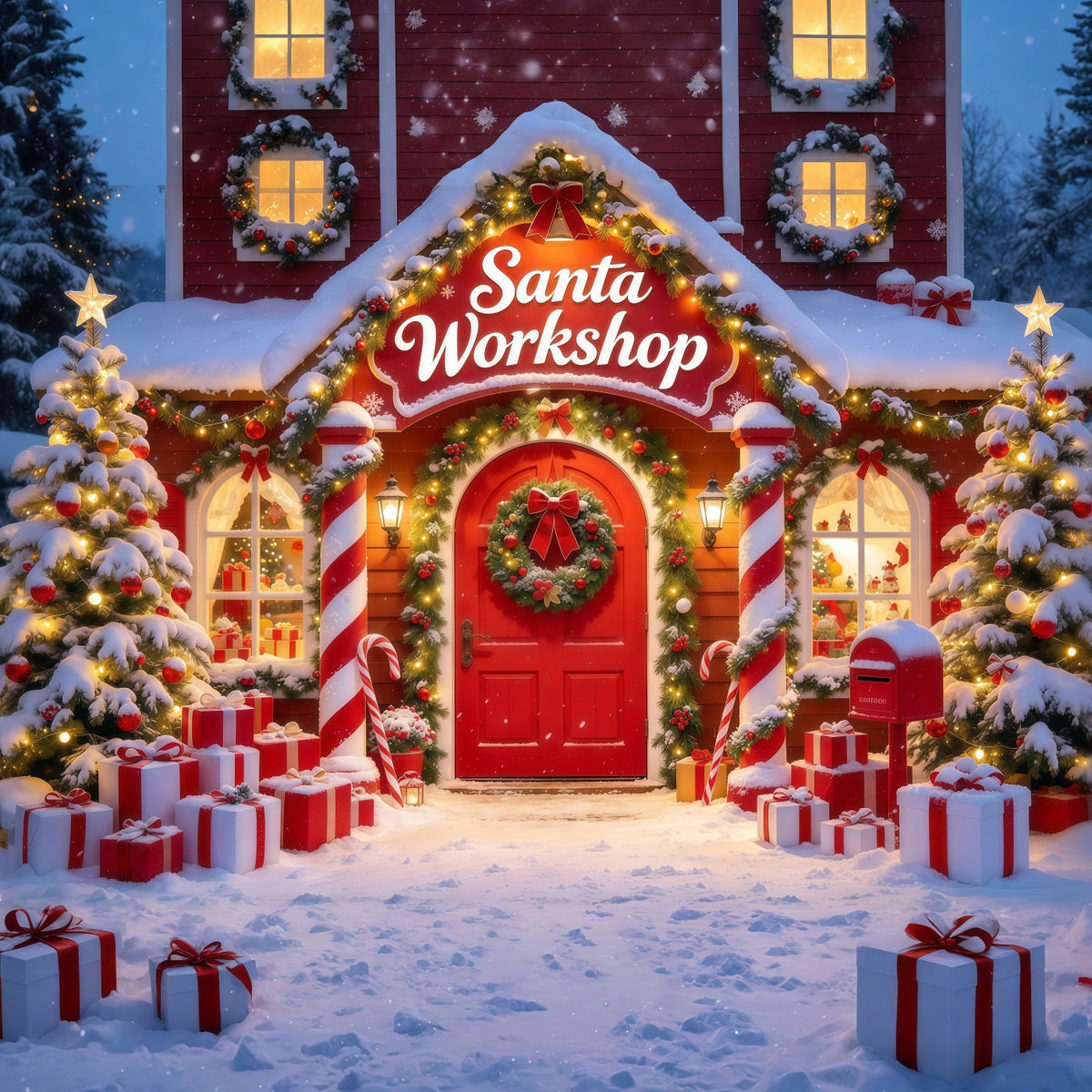 Weihnachtlicher Werkstatthintergrund Zuckerstangenhäuschen Eingang Rot GQ610-40