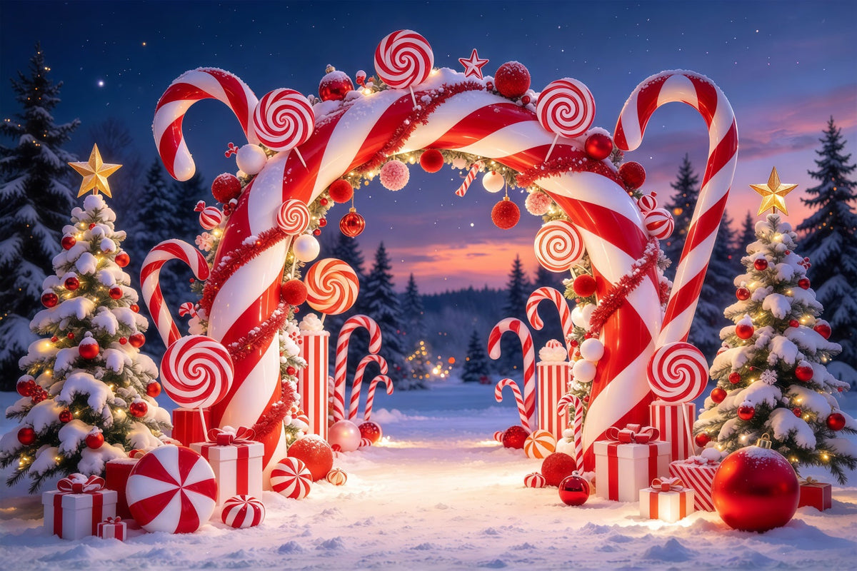 Weihnachtlicher Zuckerstangen Hintergrund Verschneiter Süßigkeitenland Torbogen GQ610-48