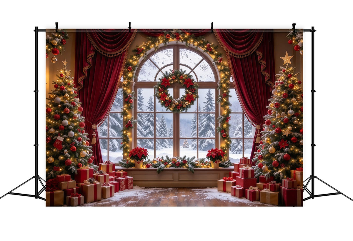 Weihnachtlicher Hintergrund Burgunderroter Vorhang Kranzfenster GQ610-5