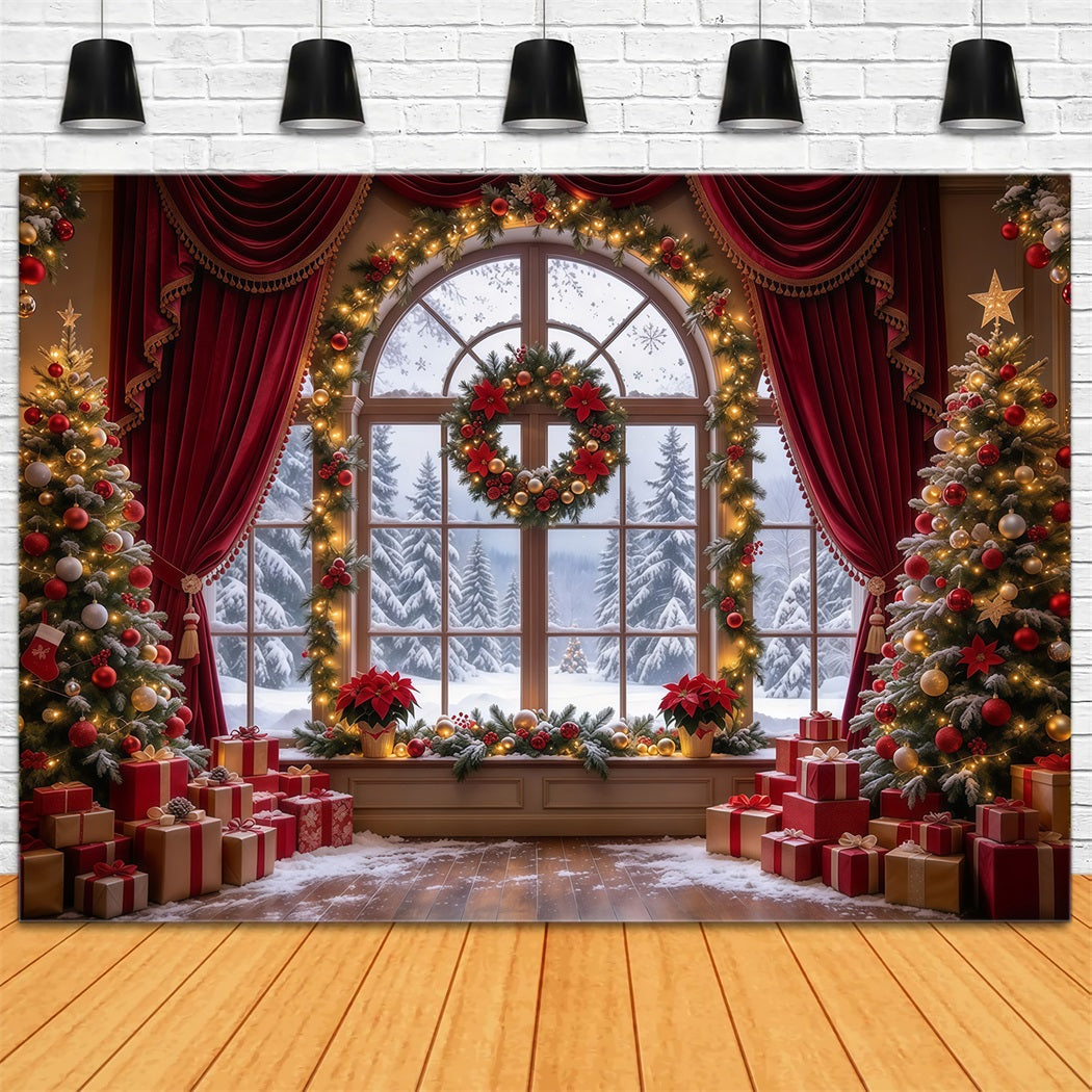 Weihnachtlicher Hintergrund Burgunderroter Vorhang Kranzfenster GQ610-5