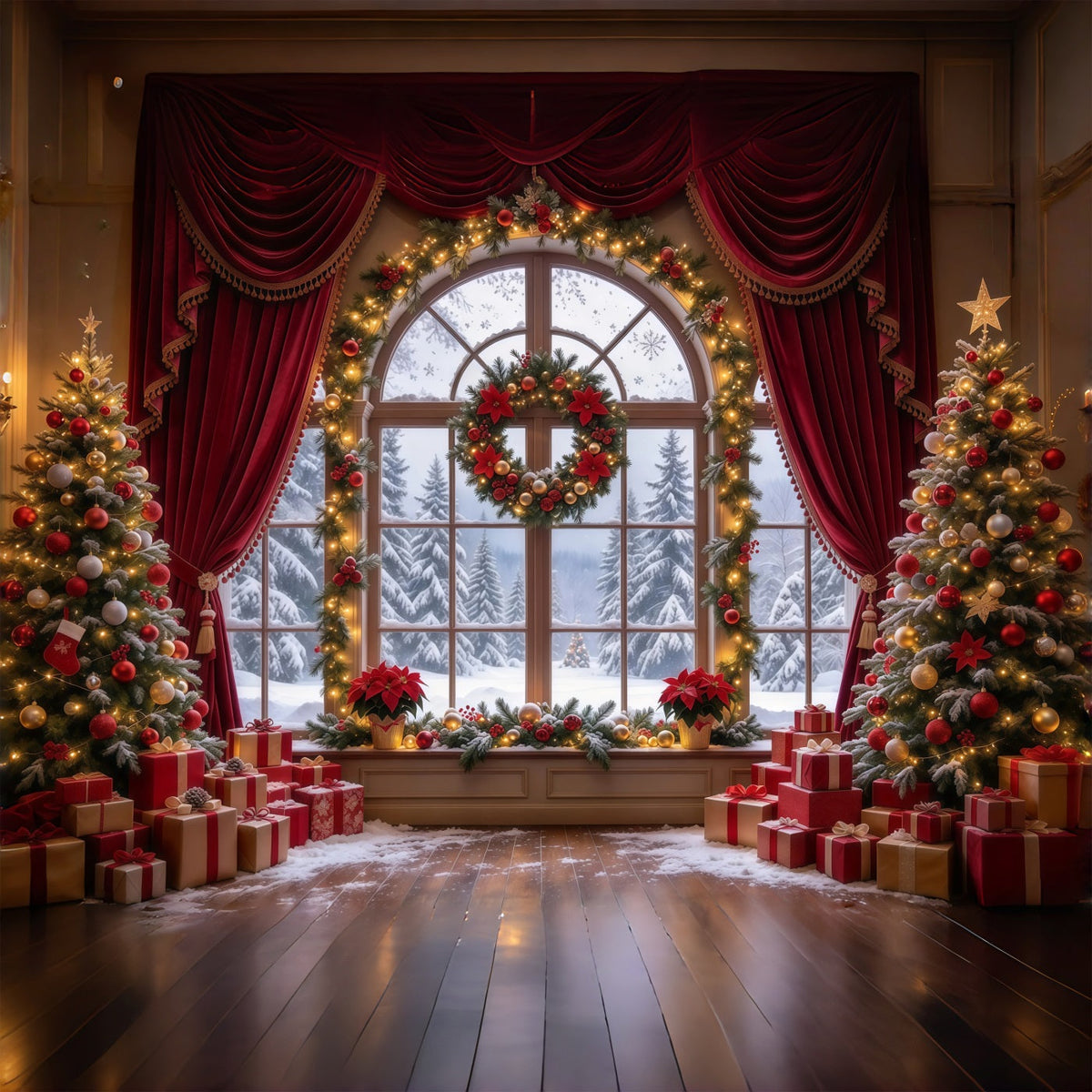 Weihnachtlicher Hintergrund Burgunderroter Vorhang Kranzfenster GQ610-5