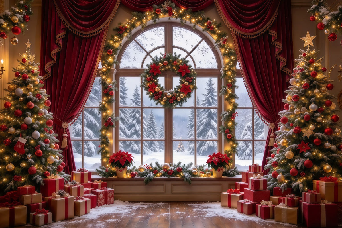Weihnachtlicher Hintergrund Burgunderroter Vorhang Kranzfenster GQ610-5