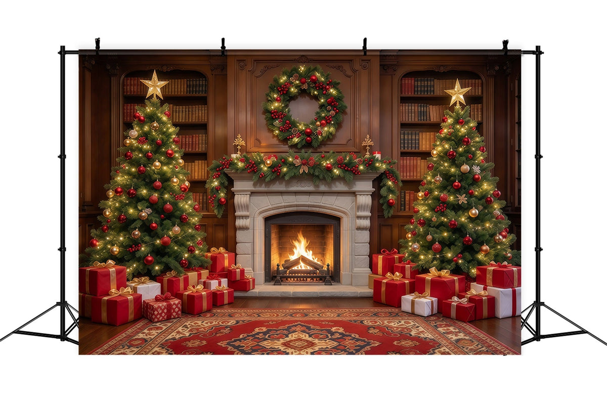 Weihnachtlicher Fotohintergrund Zwei Weihnachtsbäume Festlicher Kamin GQ610-51