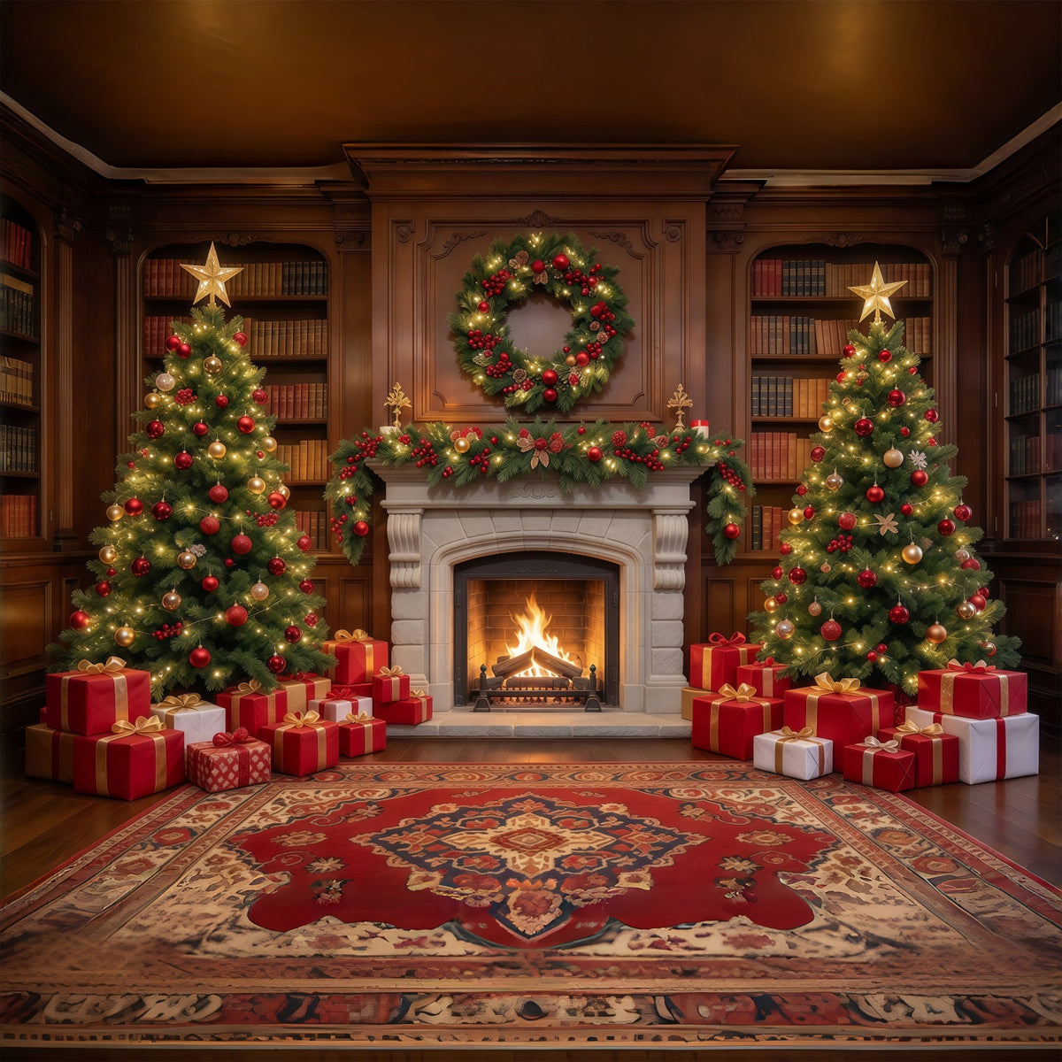 Weihnachtlicher Fotohintergrund Zwei Weihnachtsbäume Festlicher Kamin GQ610-51