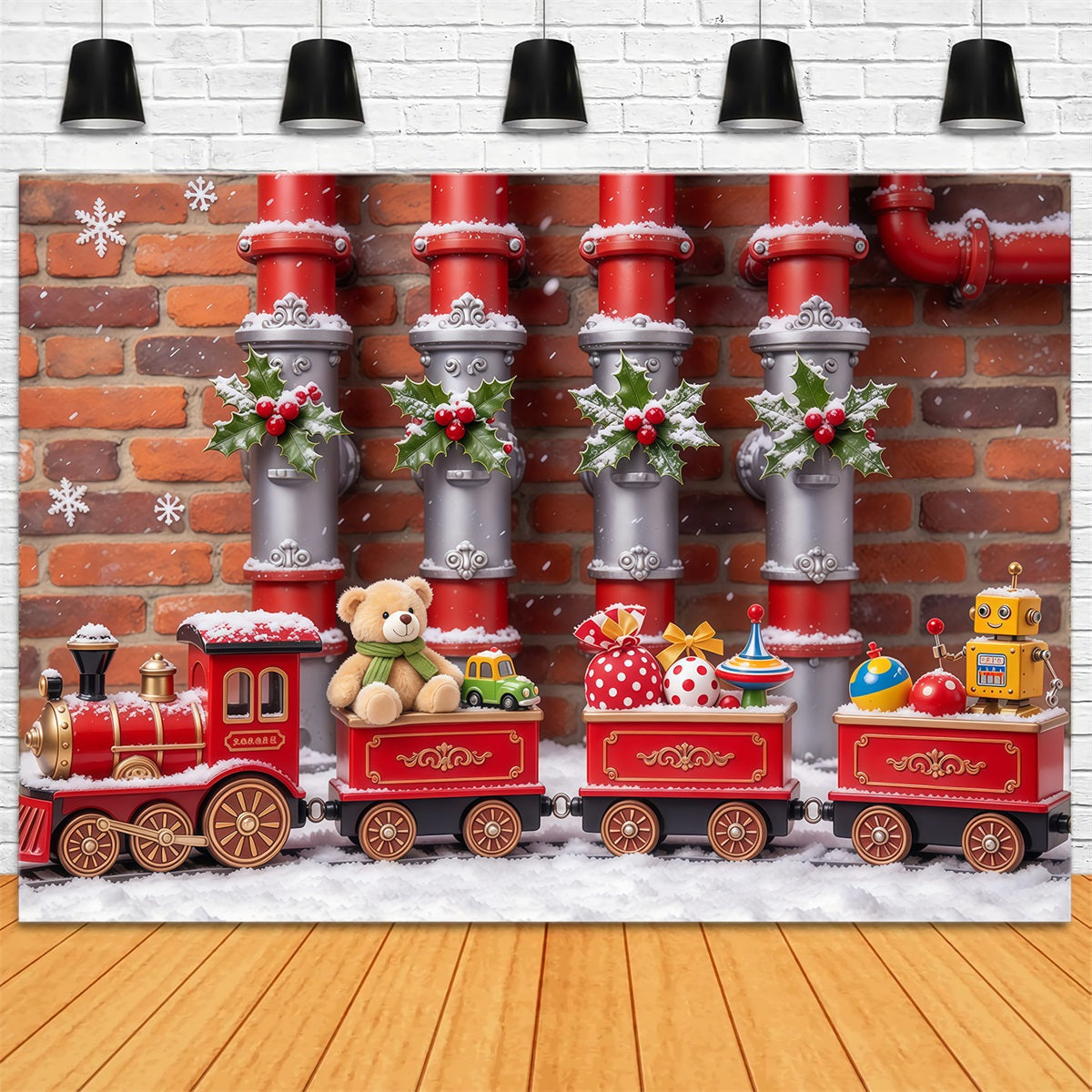 Weihnachtlicher Hintergrund Stechpalmen Spielzeugeisenbahn Dekoration GQ610-52