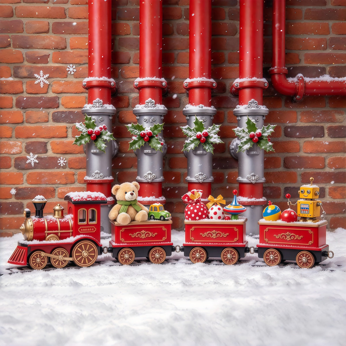 Weihnachtlicher Hintergrund Stechpalmen Spielzeugeisenbahn Dekoration GQ610-52