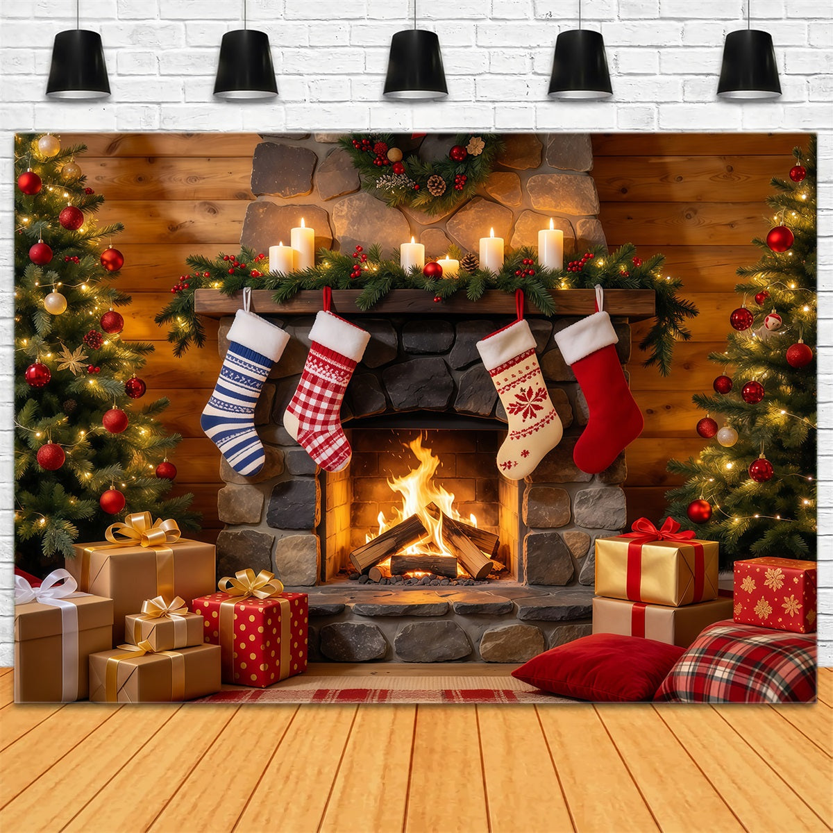 Weihnachtskamin Hintergrund Rustikaler Kamin Weihnachtssocken Dekoration GQ610-54