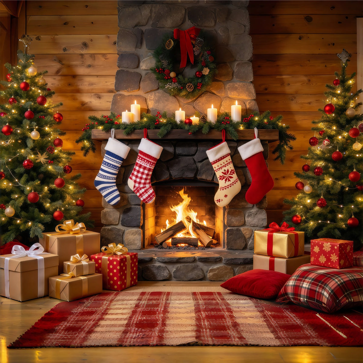 Weihnachtskamin Hintergrund Rustikaler Kamin Weihnachtssocken Dekoration GQ610-54
