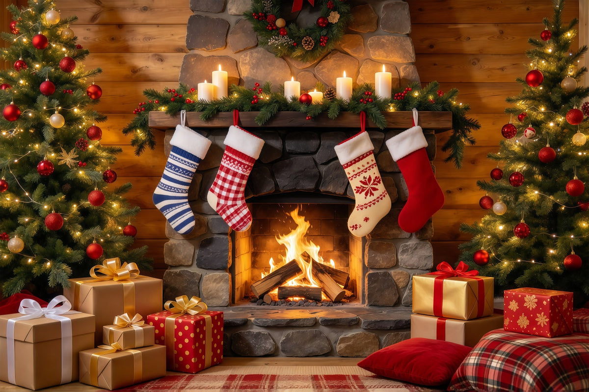 Weihnachtskamin Hintergrund Rustikaler Kamin Weihnachtssocken Dekoration GQ610-54