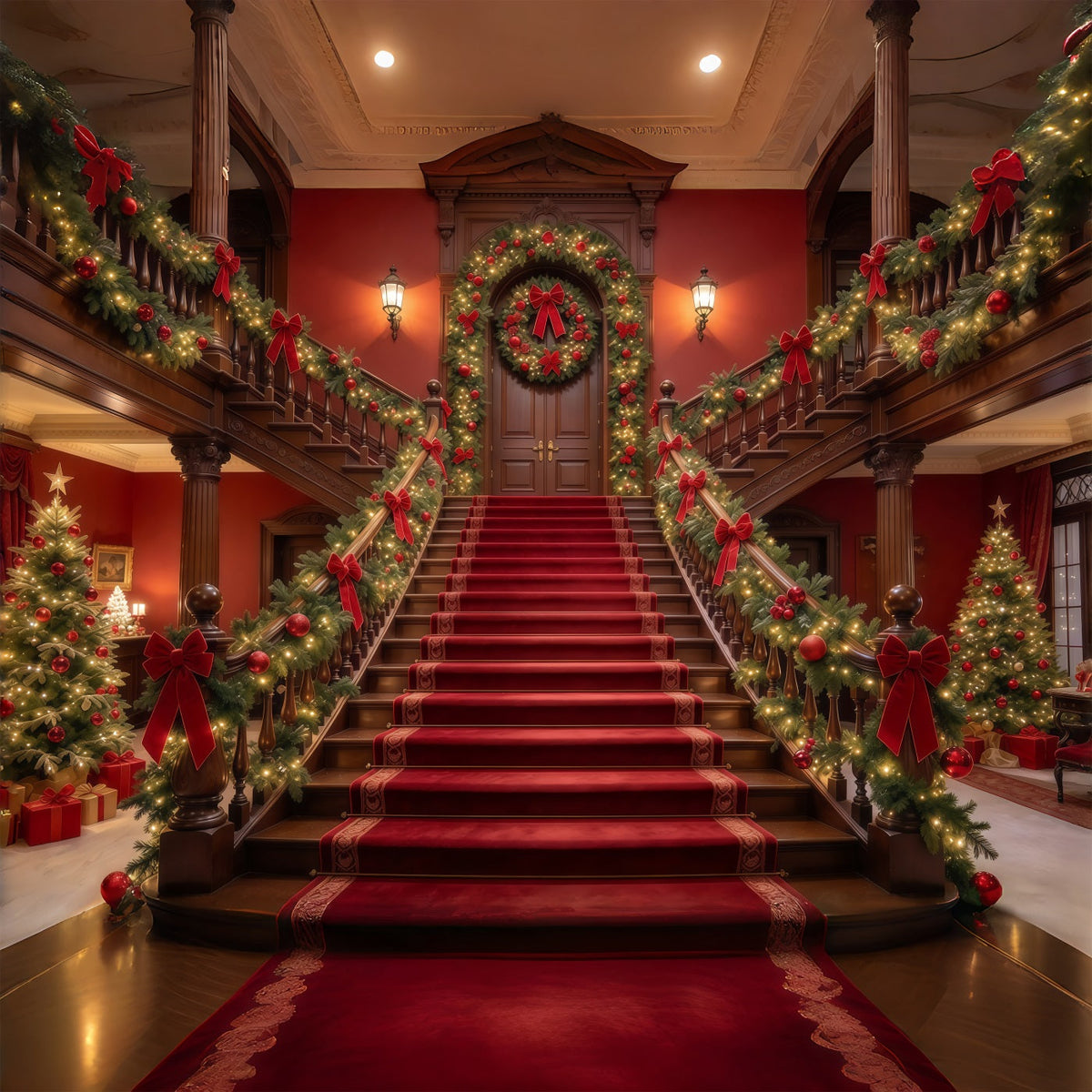 Weihnachtlicher Szenenhintergrund Girlandengeschmückte Treppe Roter Teppich GQ610-55