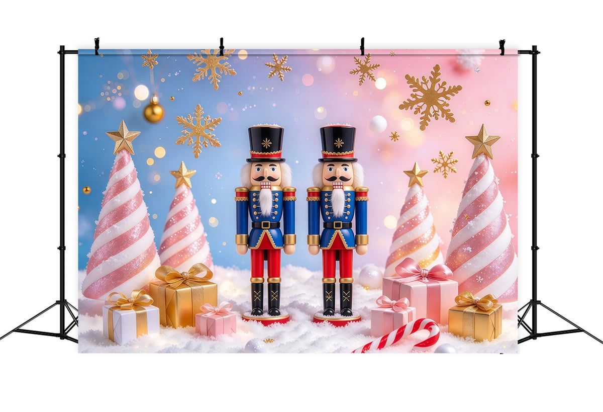 Weihnachtlicher Hintergrund Pastellfarbene Zuckerstangen Bäume Nussknacker GQ610-56