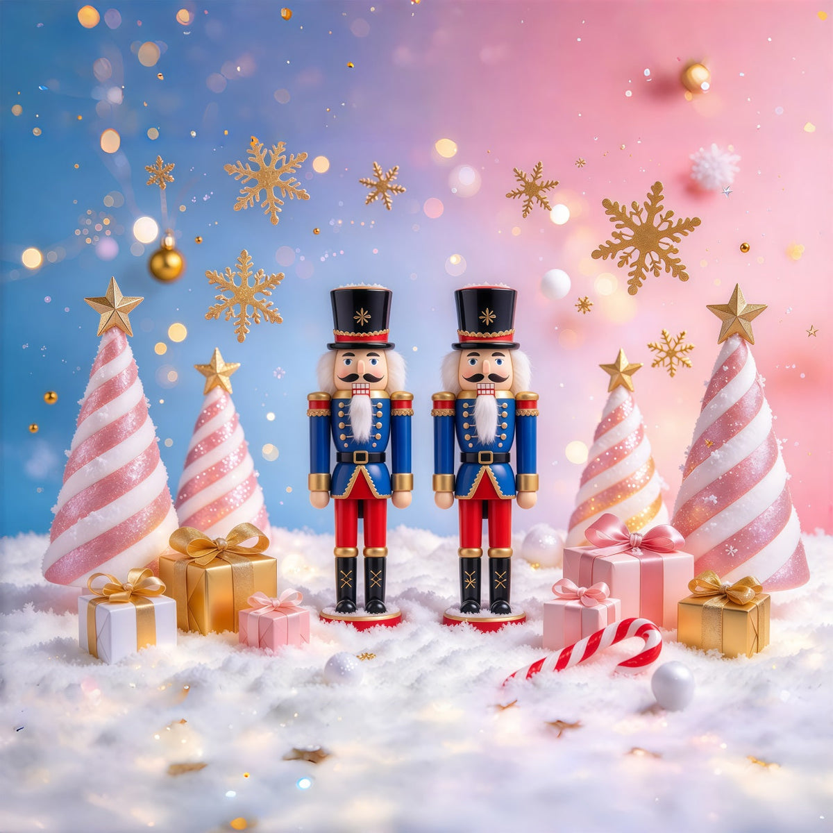 Weihnachtlicher Hintergrund Pastellfarbene Zuckerstangen Bäume Nussknacker GQ610-56