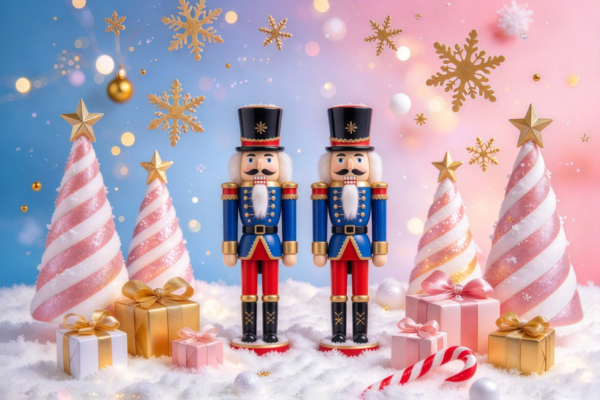 Weihnachtlicher Hintergrund Pastellfarbene Zuckerstangen Bäume Nussknacker GQ610-56