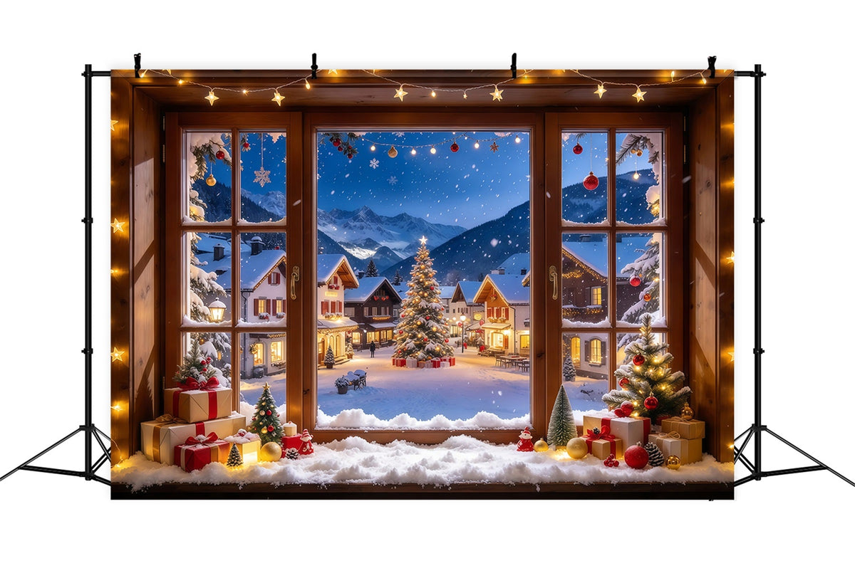 Winterlicher Weihnachtshintergrund Verschneites Alpenhaus Fenster Weihnachtsdorf GQ610-57