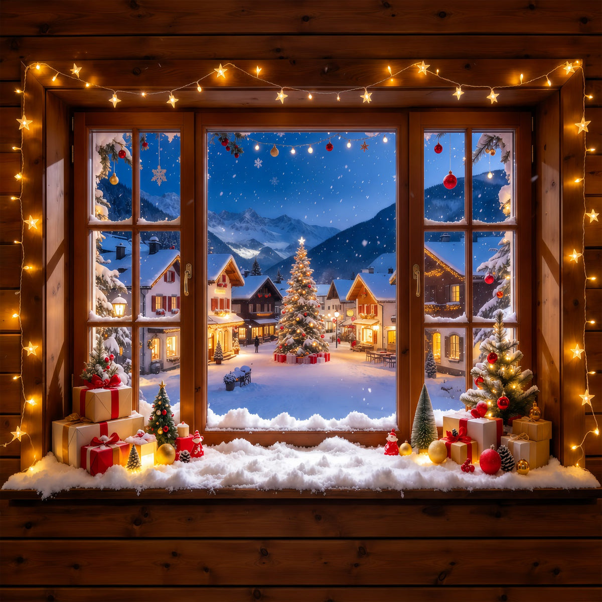 Winterlicher Weihnachtshintergrund Verschneites Alpenhaus Fenster Weihnachtsdorf GQ610-57