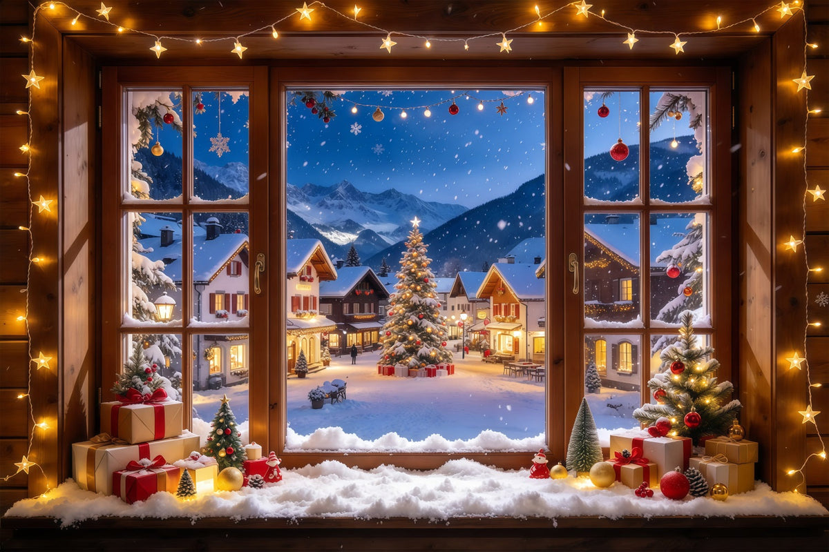 Winterlicher Weihnachtshintergrund Verschneites Alpenhaus Fenster Weihnachtsdorf GQ610-57